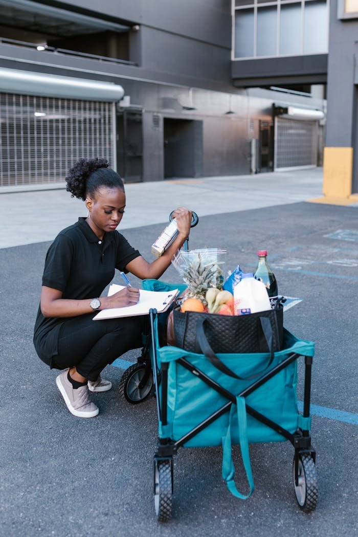 Crafting Captivating Headlines: Your awesome post title goes here Woman checking off groceries from a clipboard beside a cart in a parking lot.
