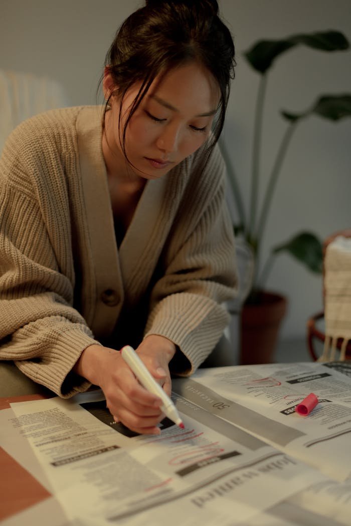 A woman highlighting job listings in a newspaper at home, focused on her work.
