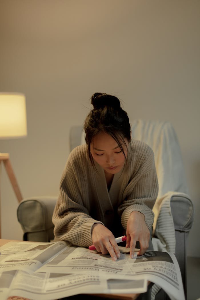Woman with black hair reading job listings in a cozy living room setting.